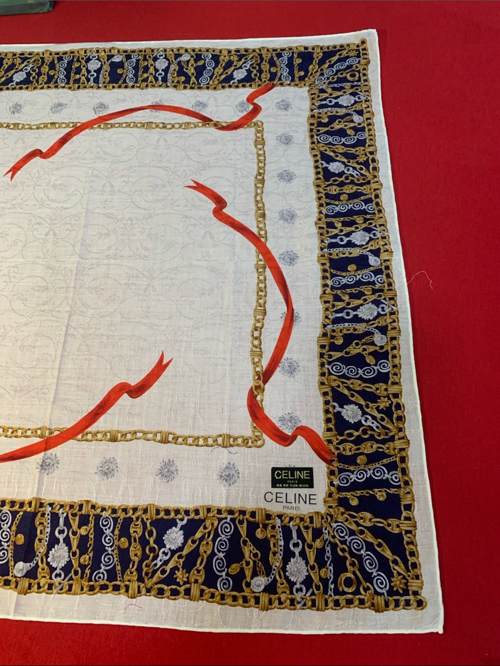 NWT Celine White Cotton Scarf with Red Ribbon and Navy Gold Chain Border - Picture 4 of 6